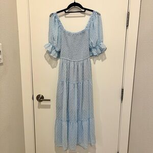 Chic Light Blue Midi Dress with Puff Sleeves